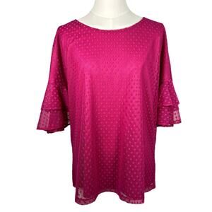 Hot Pink Sheer Dotted Top with Ruffled Sleeves